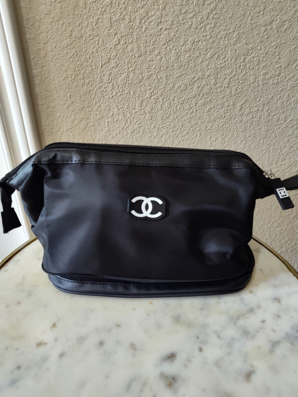 CHANEL Makeup Black Large Travel Cosmetic Case Toiletry Bag CC Zip Pouch NIP